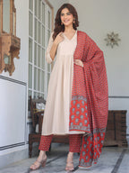 Beige Pure Cotton Floral Printed A-line Kurta Set