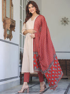 Beige Pure Cotton Floral Printed A-line Kurta Set