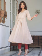 Beige Pure Cotton Floral Printed A-line Kurta Set