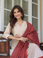 Beige Pure Cotton Floral Printed A-line Kurta Set