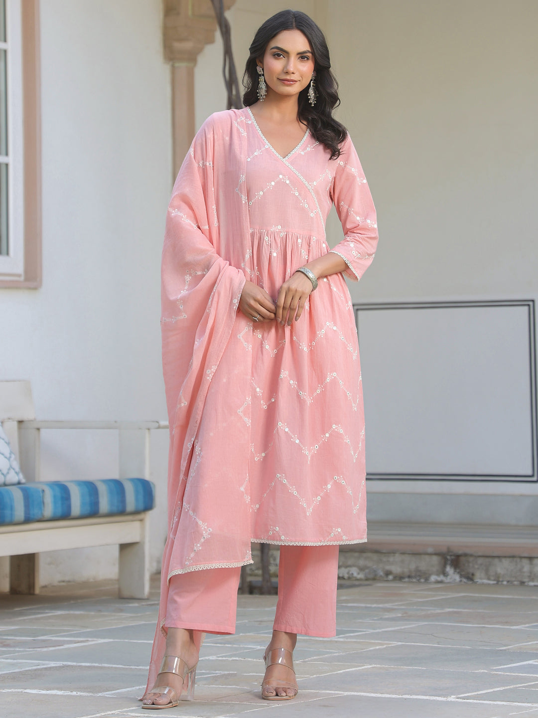 Janasya Women's Peach Pure Cotton Embroidered A-line Kurta Set