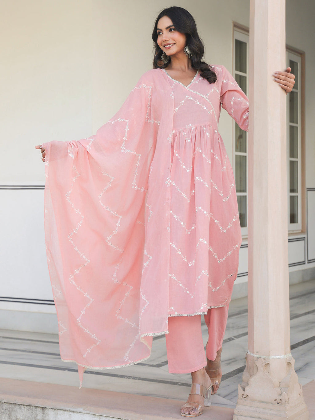 Janasya Women's Peach Pure Cotton Embroidered A-line Kurta Set