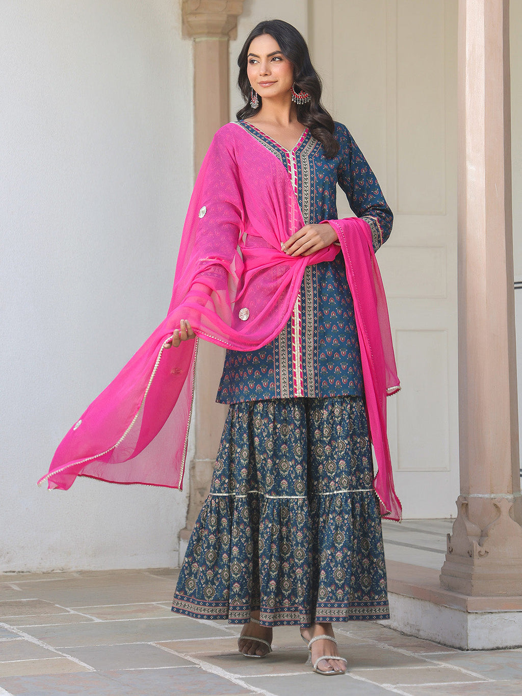 Janasya Women's Dark Blue Pure Cotton Floral Printed Straight Kurta With Sharara & Dupatta Set