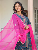 Janasya Women's Dark Blue Pure Cotton Floral Printed Straight Kurta With Sharara & Dupatta Set