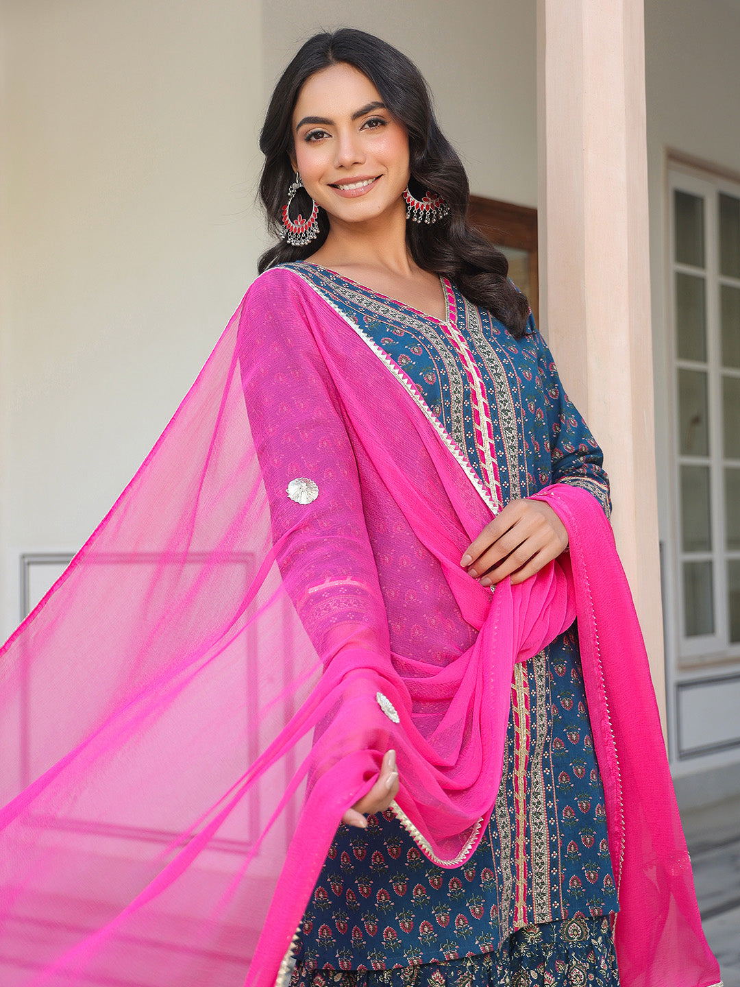 Janasya Women's Dark Blue Pure Cotton Floral Printed Straight Kurta With Sharara & Dupatta Set