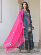 Janasya Women's Dark Blue Pure Cotton Floral Printed Straight Kurta With Sharara & Dupatta Set