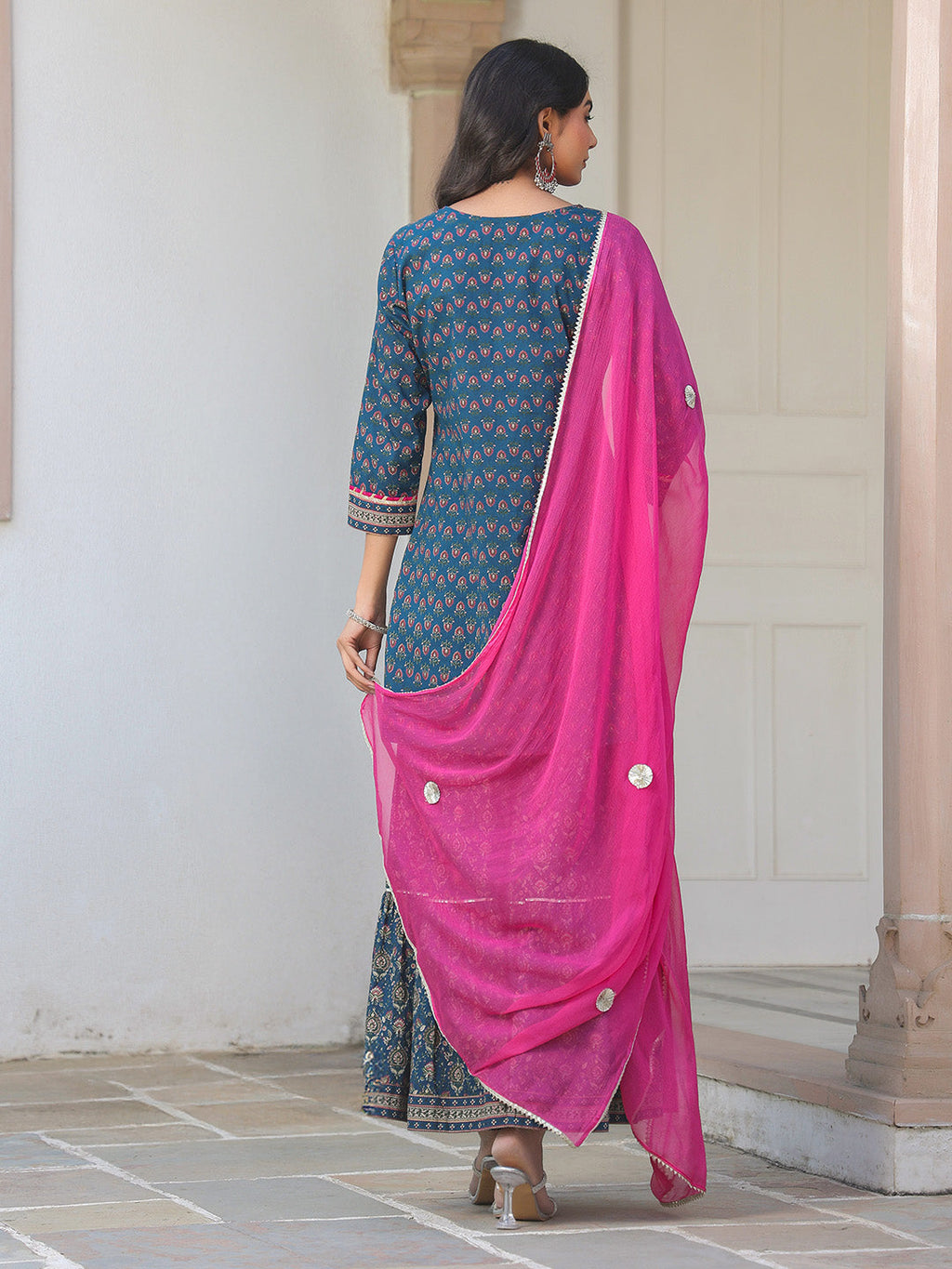 Janasya Women's Dark Blue Pure Cotton Floral Printed Straight Kurta With Sharara & Dupatta Set