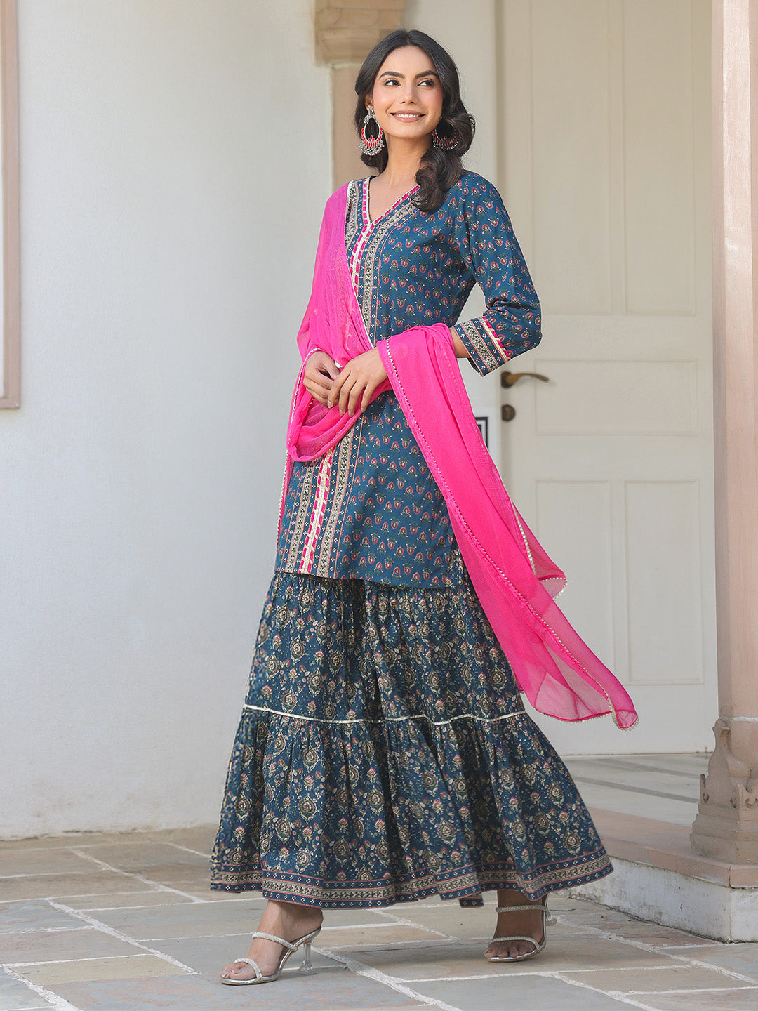 Janasya Women's Dark Blue Pure Cotton Floral Printed Straight Kurta With Sharara & Dupatta Set