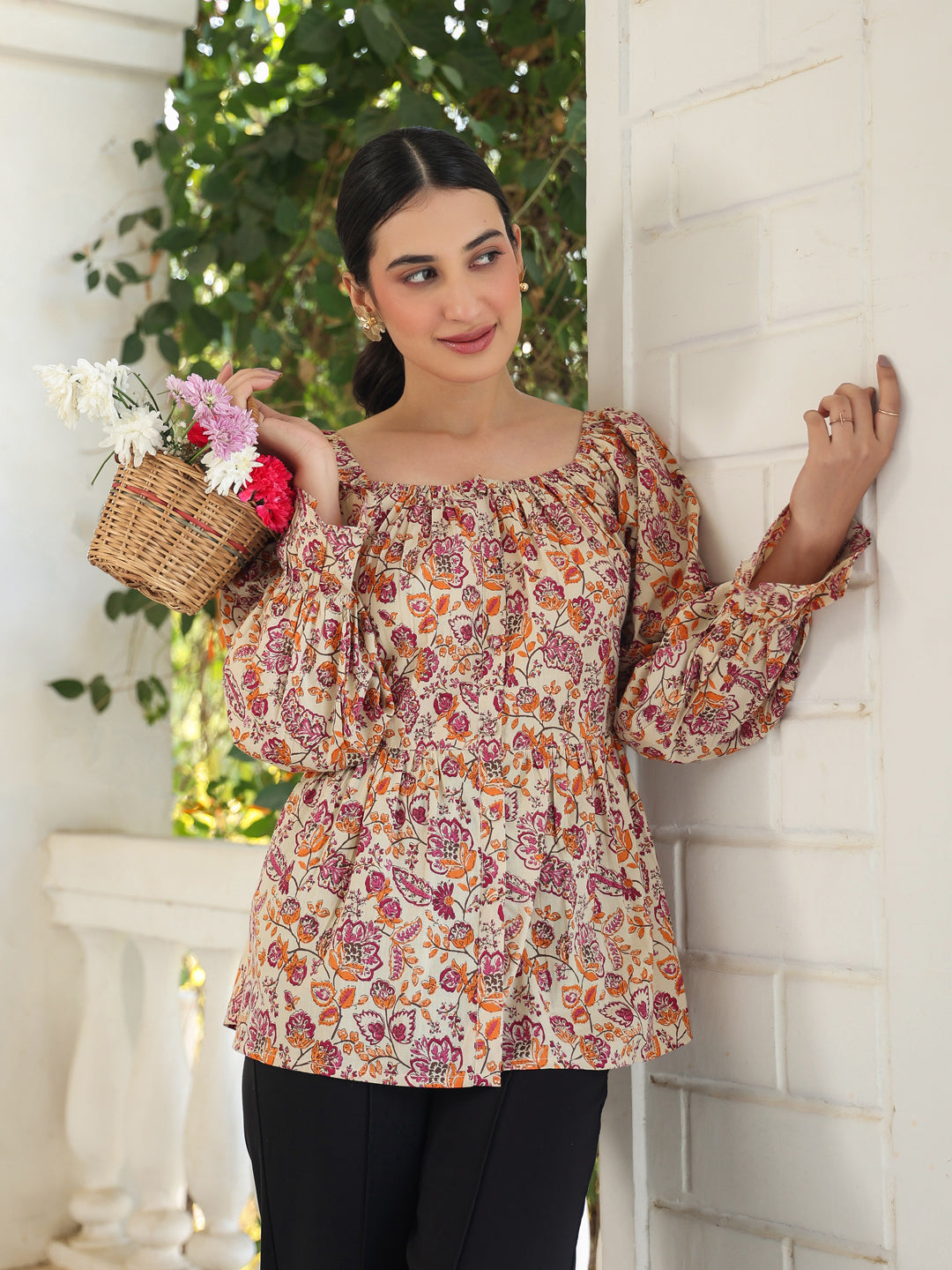 Beige Pure Cotton Floral Printed Peplum Top - qivii