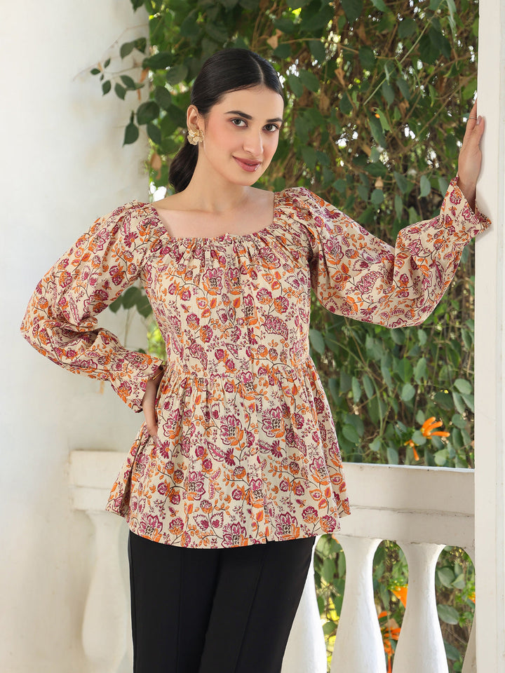 Beige Pure Cotton Floral Printed Peplum Top - qivii