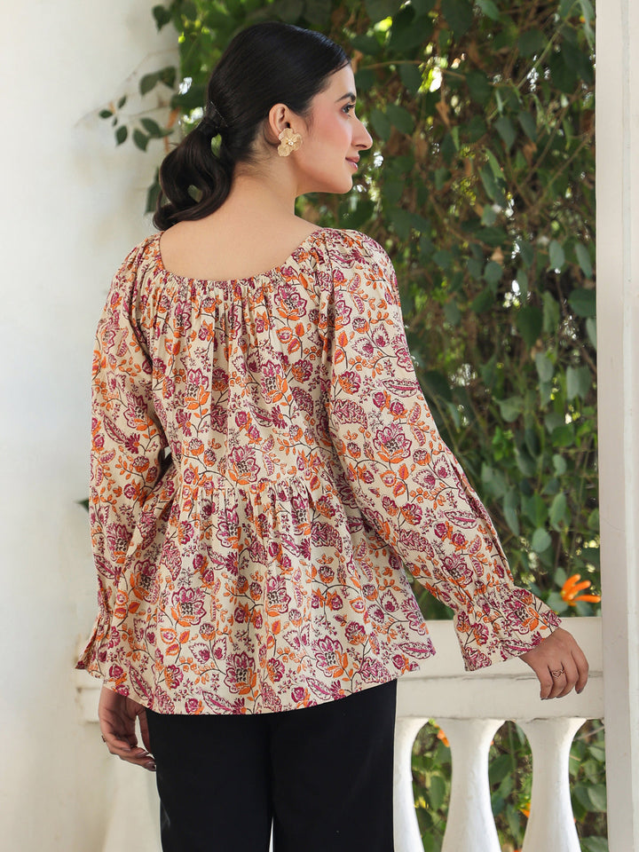 Beige Pure Cotton Floral Printed Peplum Top - qivii