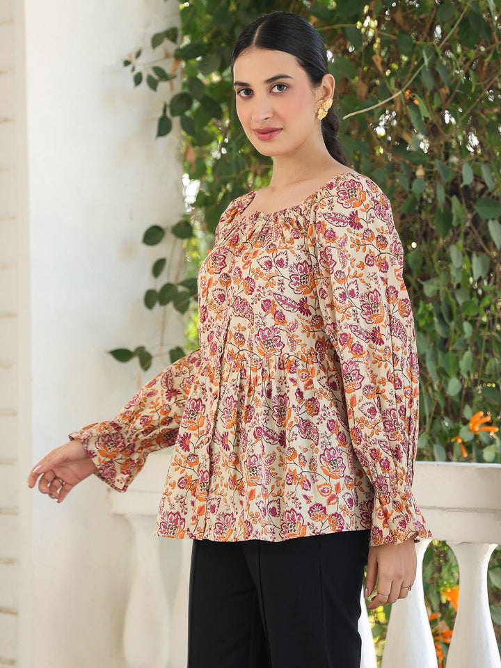 Beige Pure Cotton Floral Printed Peplum Top - qivii