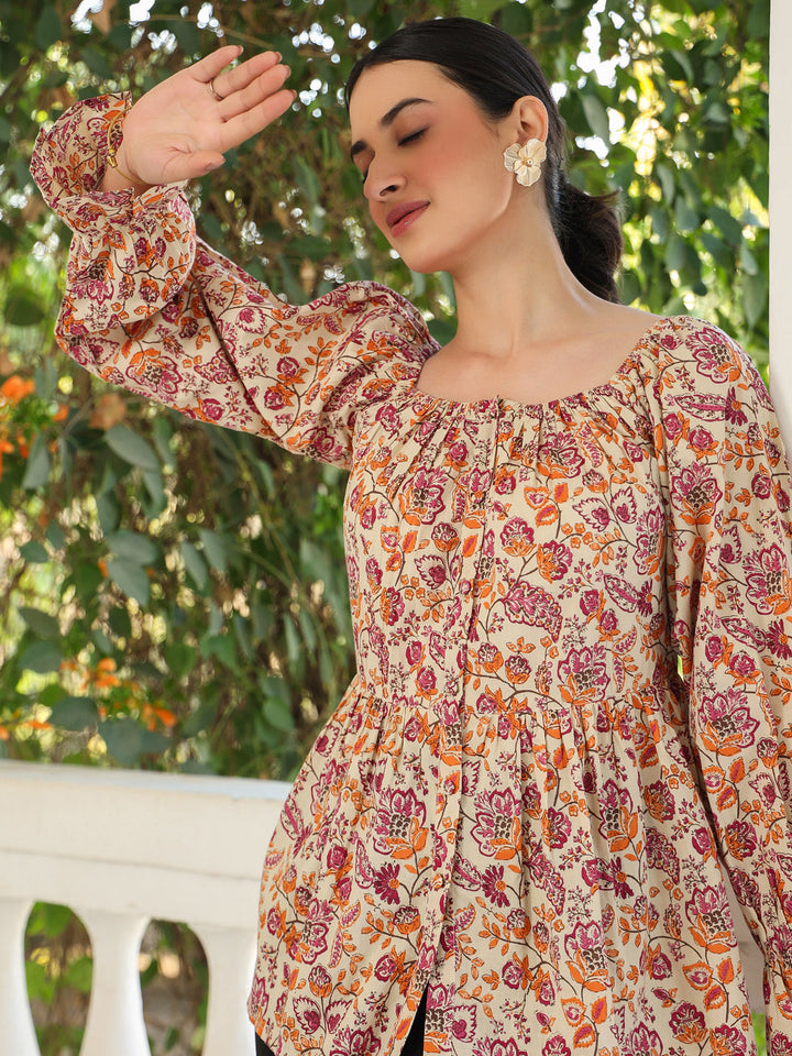 Beige Pure Cotton Floral Printed Peplum Top - qivii