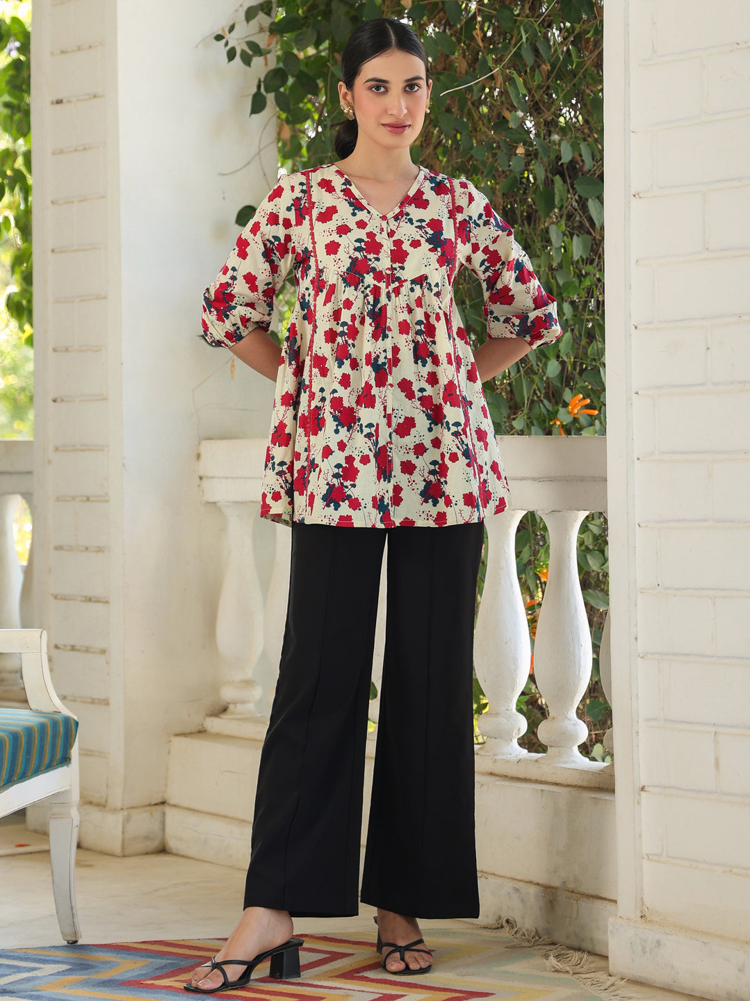 Cream Pure Cotton Floral Printed A-Line Top - qivii