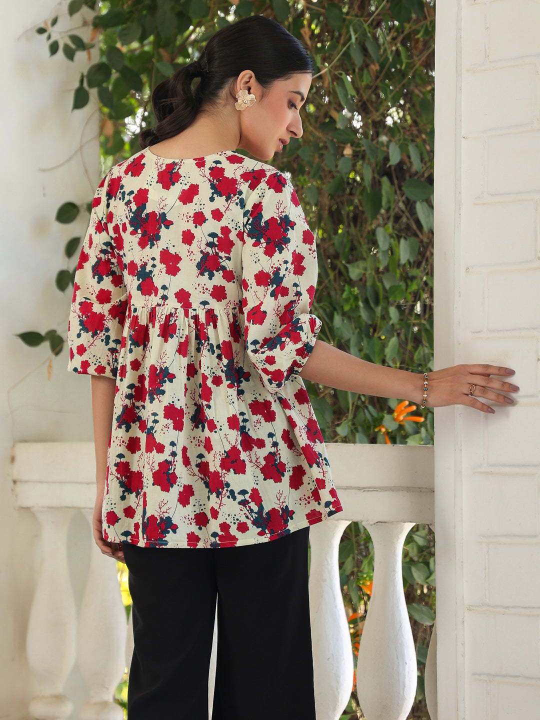 Cream Pure Cotton Floral Printed A-Line Top - qivii