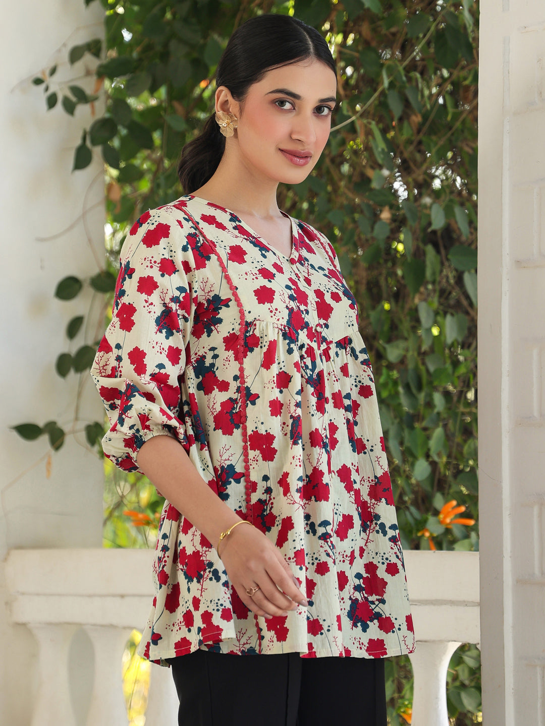 Cream Pure Cotton Floral Printed A-Line Top - qivii