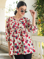 Cream Pure Cotton Floral Printed A-Line Top
