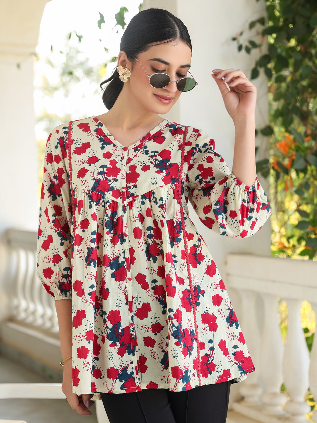 Cream Pure Cotton Floral Printed A-Line Top