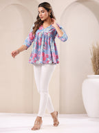 Janasya Women's Blue Pure Cotton Floral Printed A-line Top