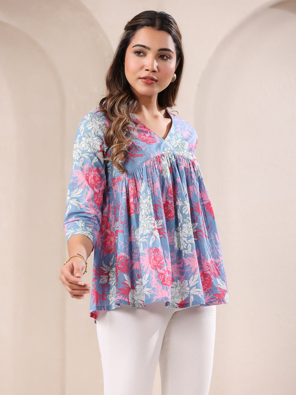 Janasya Women's Blue Pure Cotton Floral Printed A-line Top