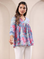 Janasya Women's Blue Pure Cotton Floral Printed A-line Top