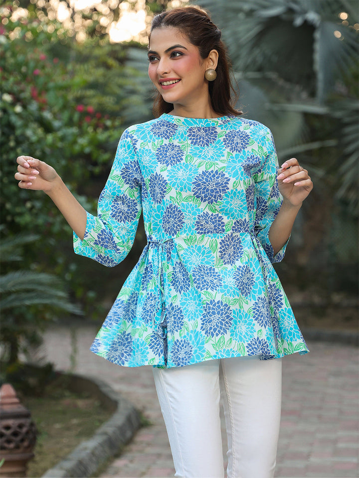 White & Blue Pure Cotton Floral Printed Fit & Flare Top - qivii