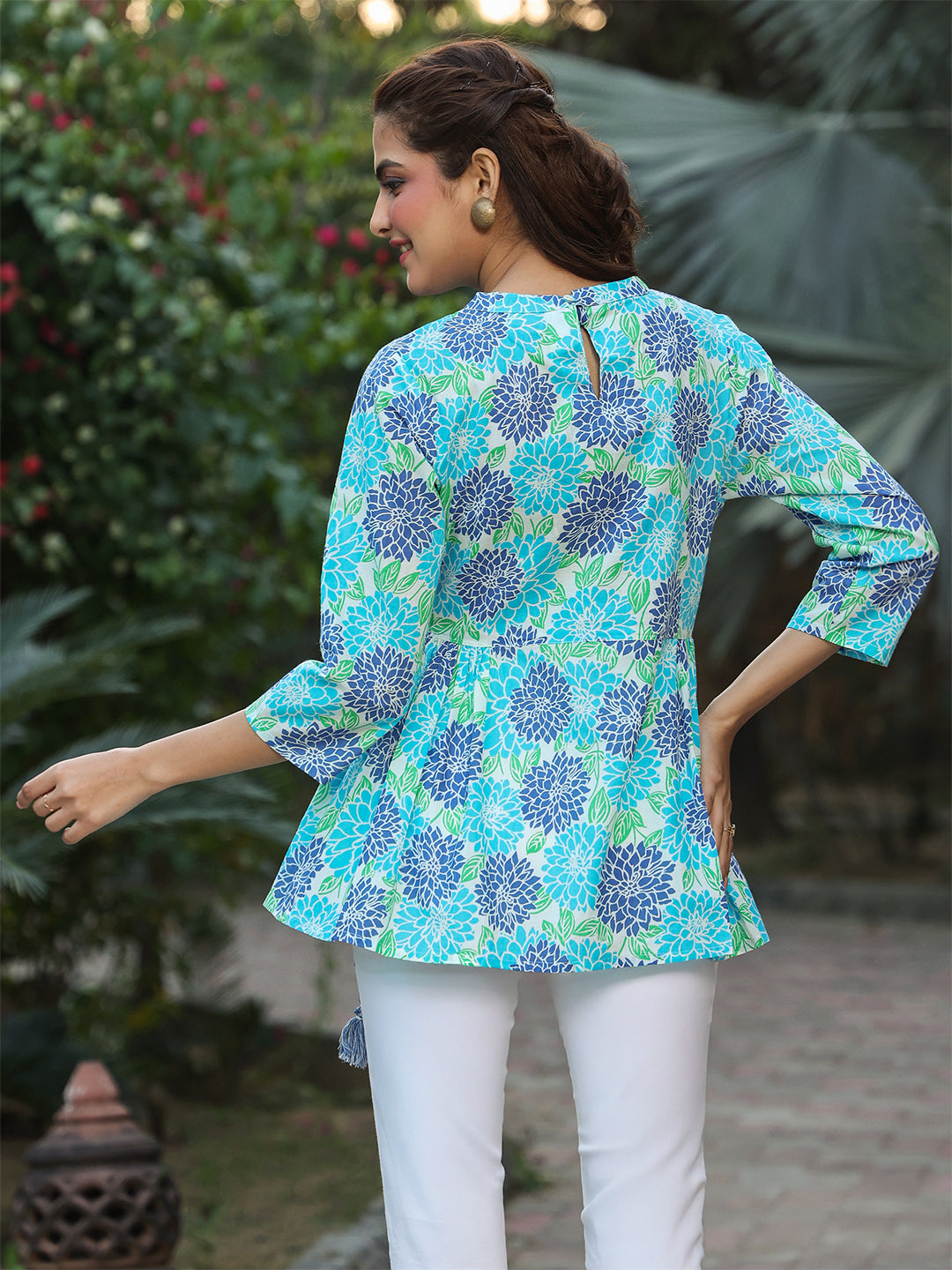 White & Blue Pure Cotton Floral Printed Fit & Flare Top - qivii