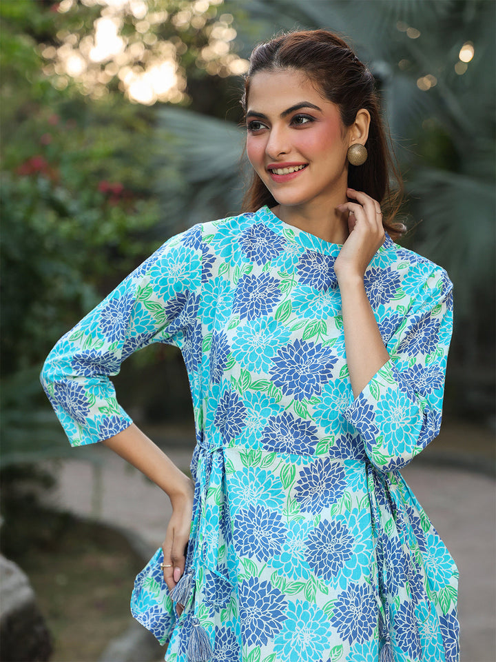 White & Blue Pure Cotton Floral Printed Fit & Flare Top - qivii