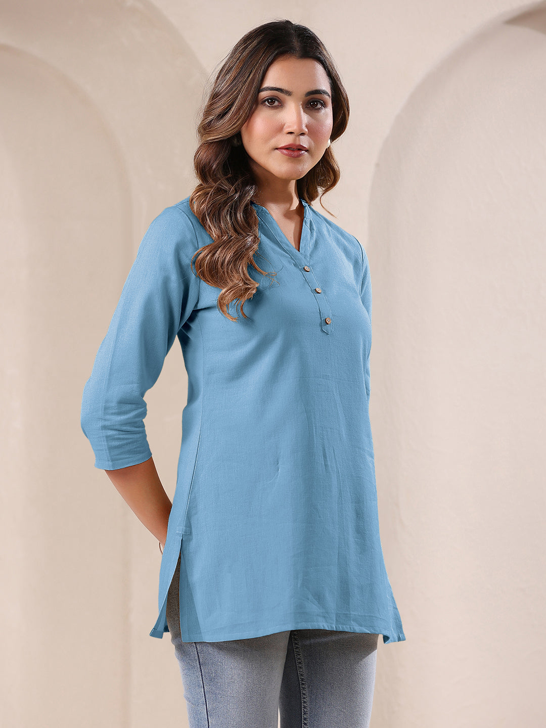 Light Blue Cotton Solid A-line Top - qivii