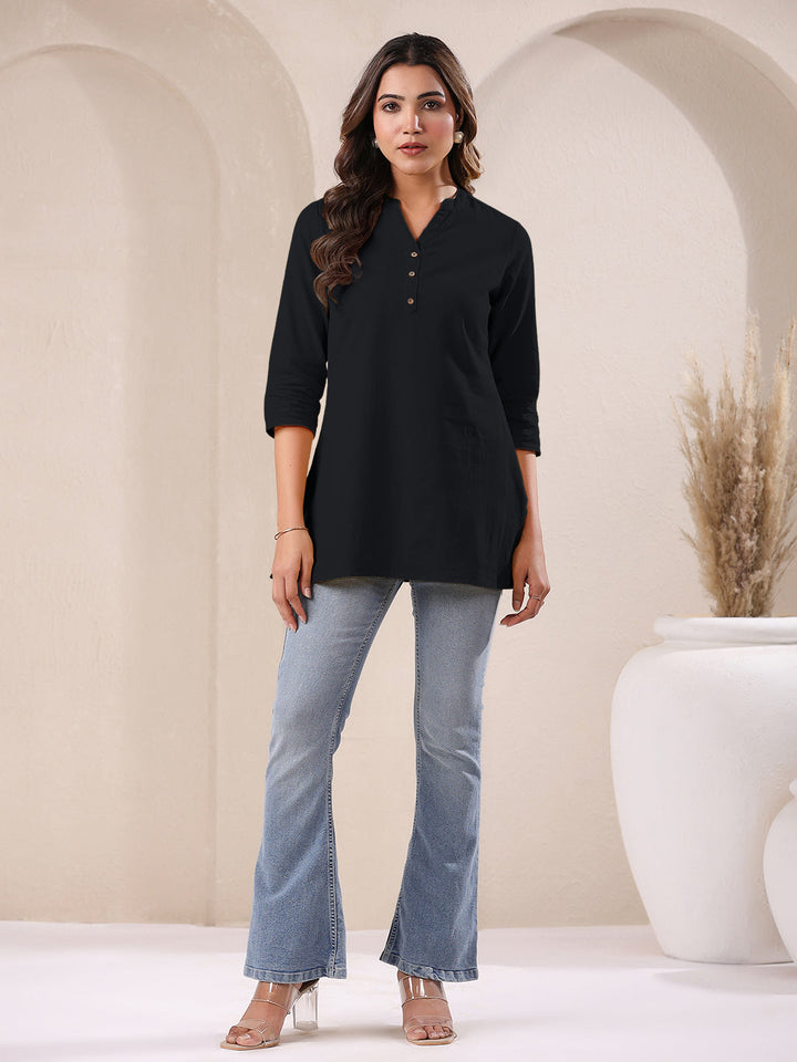 Black Cotton Solid A-line Top - qivii