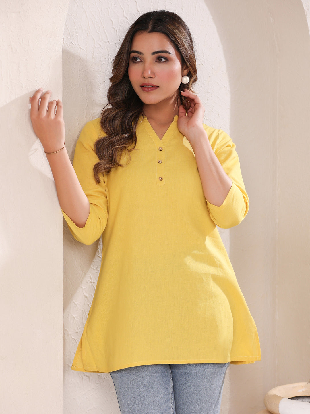 Yellow Cotton Solid A-line Top - qivii