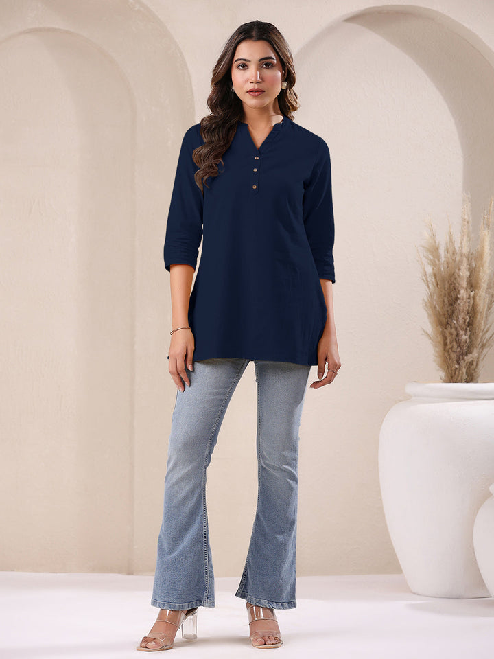 Navy Blue Cotton Solid A-line Top - qivii