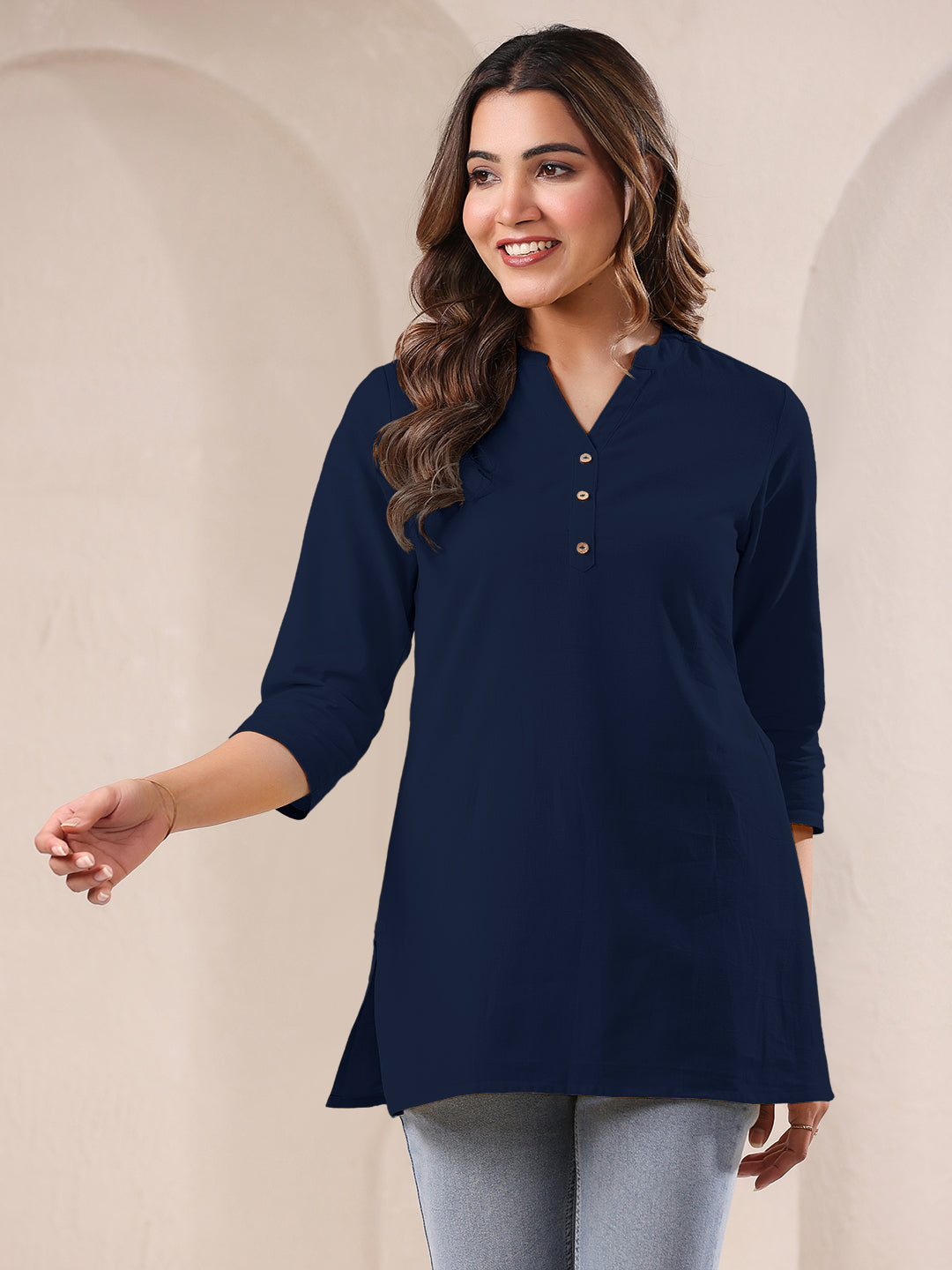 Navy Blue Cotton Solid A-line Top - qivii