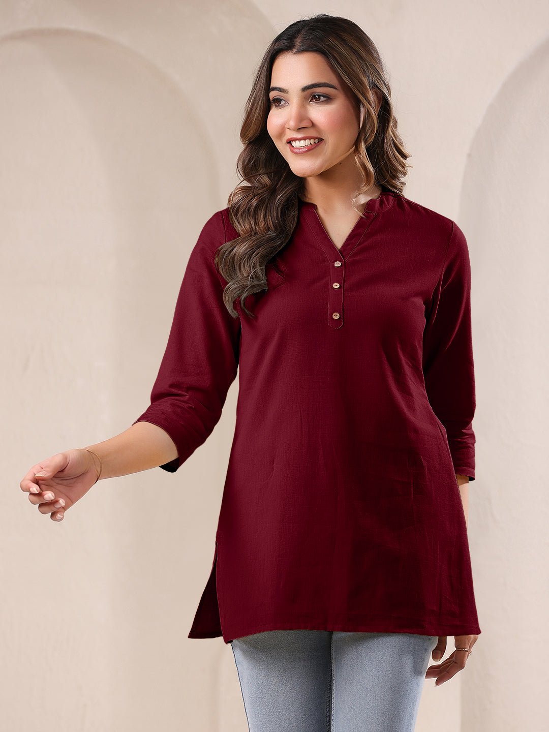 Maroon Cotton Solid A-line Top - qivii