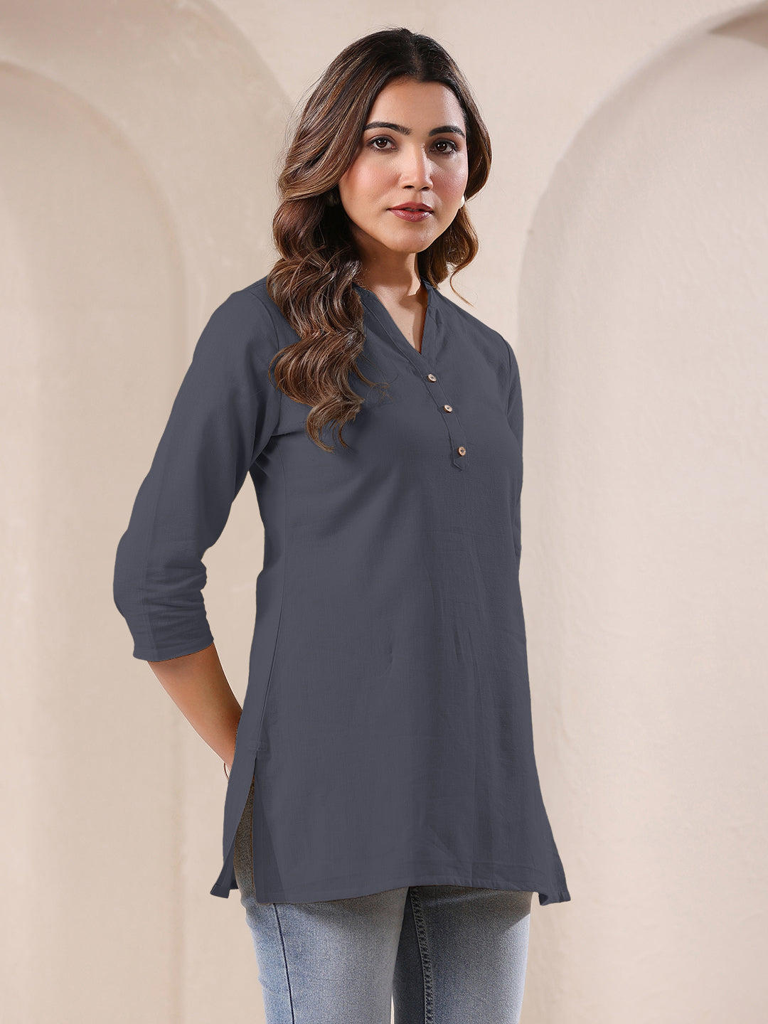 Grey Cotton Solid A-line Top - qivii