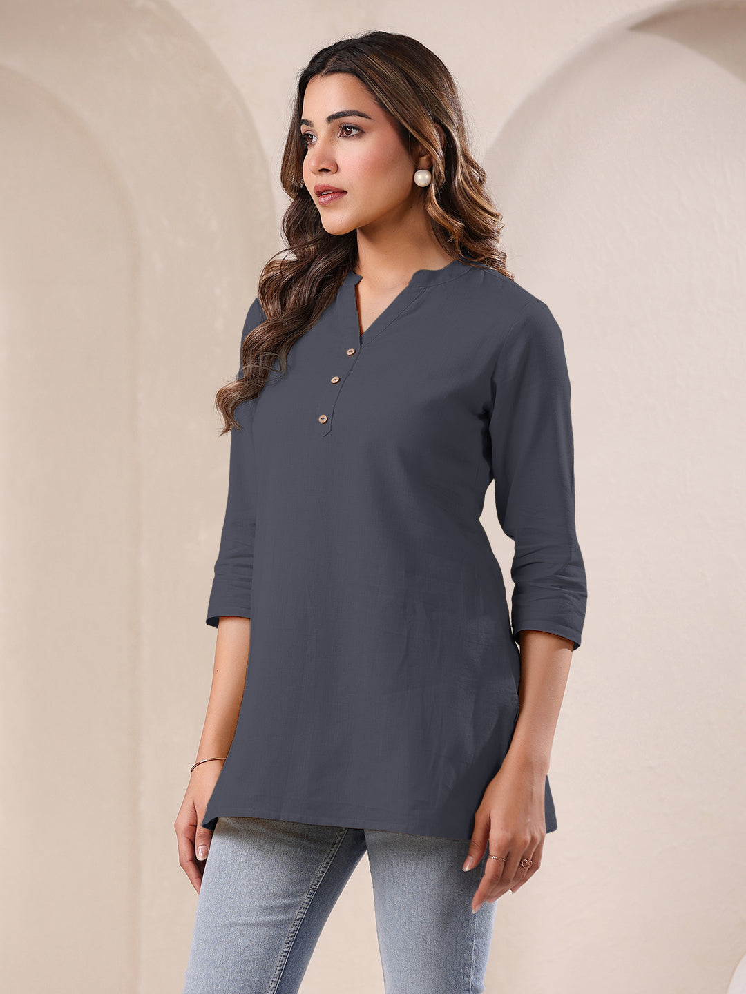 Grey Cotton Solid A-line Top - qivii