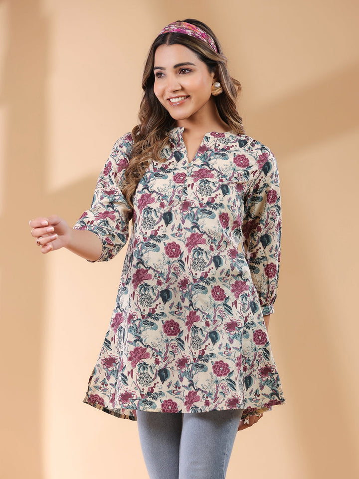 Beige Pure Cotton Floral Printed Straight Tunic - qivii
