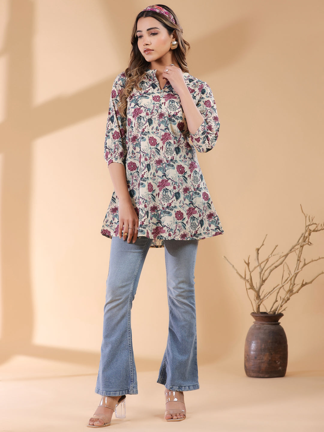 Beige Pure Cotton Floral Printed Straight Tunic - qivii