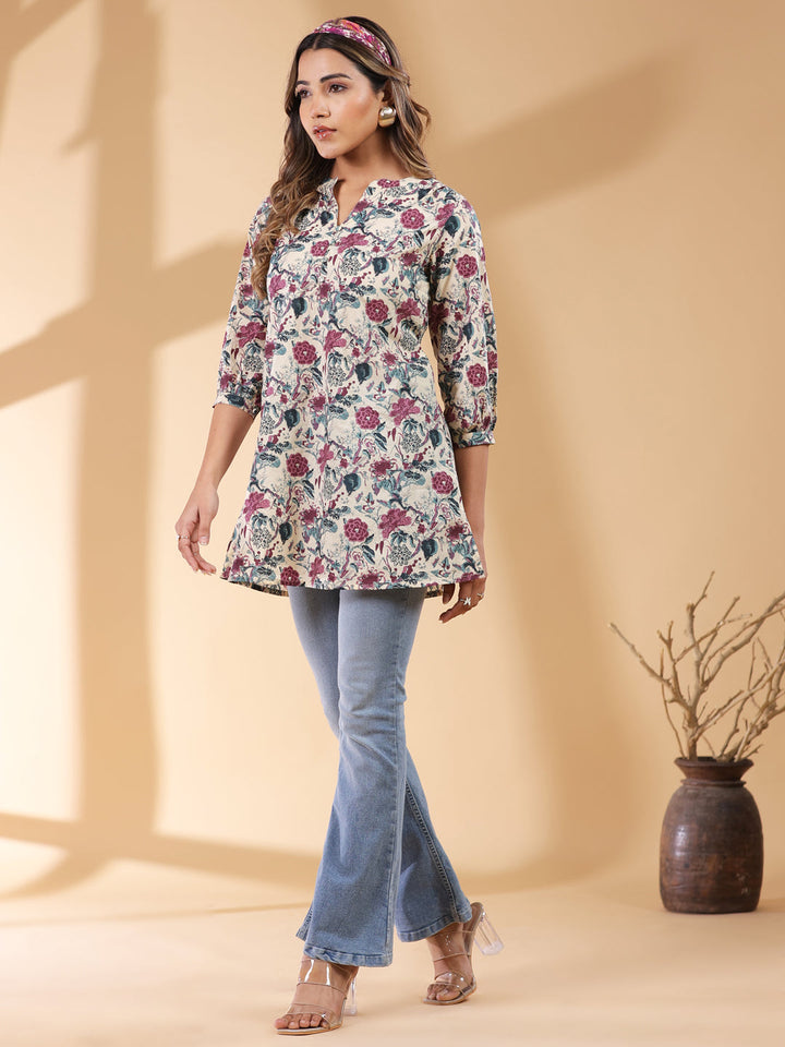 Beige Pure Cotton Floral Printed Straight Tunic - qivii