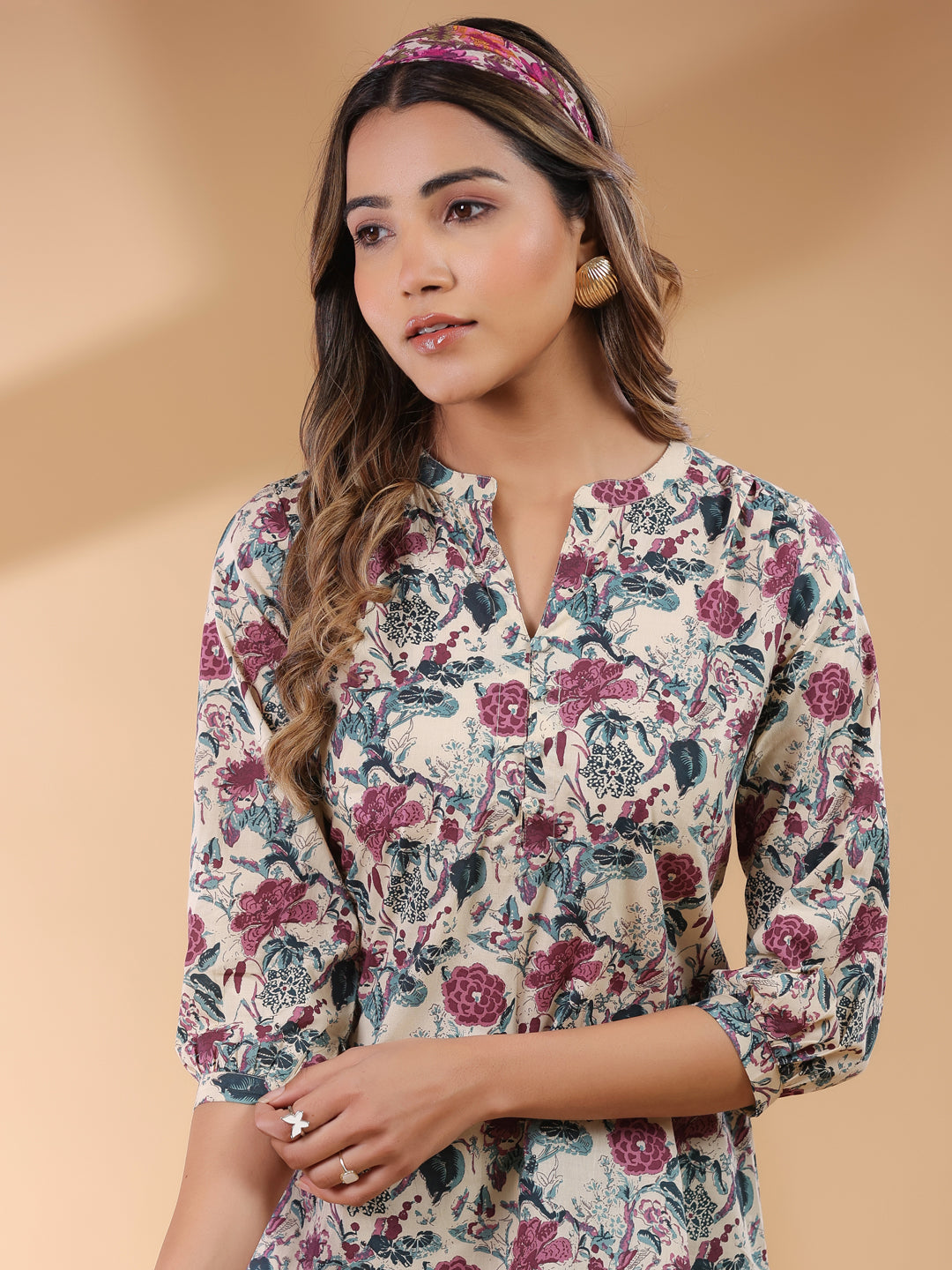 Beige Pure Cotton Floral Printed Straight Tunic - qivii