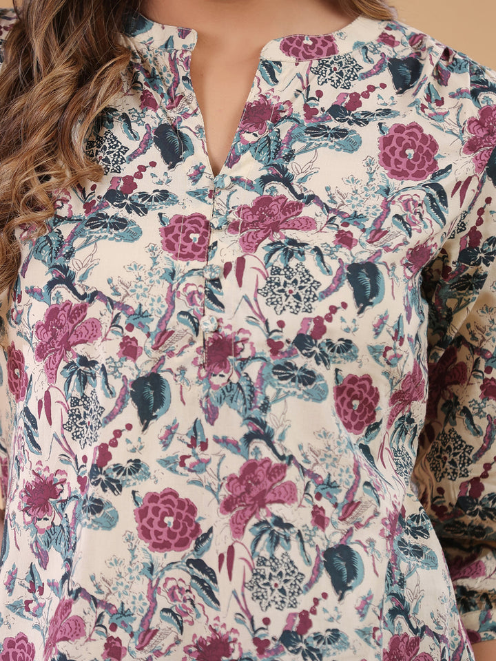 Beige Pure Cotton Floral Printed Straight Tunic - qivii
