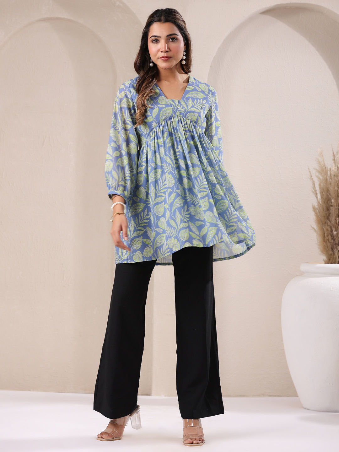 Light Blue Georgette Tropical Printed A-Line Tunic - qivii