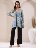 Light Blue Georgette Tropical Printed A-Line Tunic