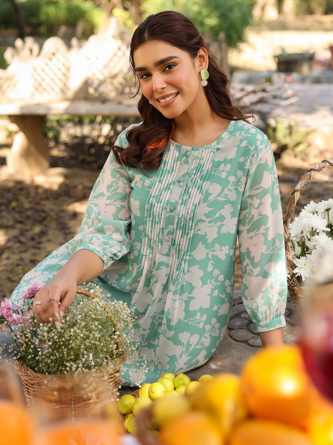 Green Georgette Floral Printed A-Line Tunic - qivii