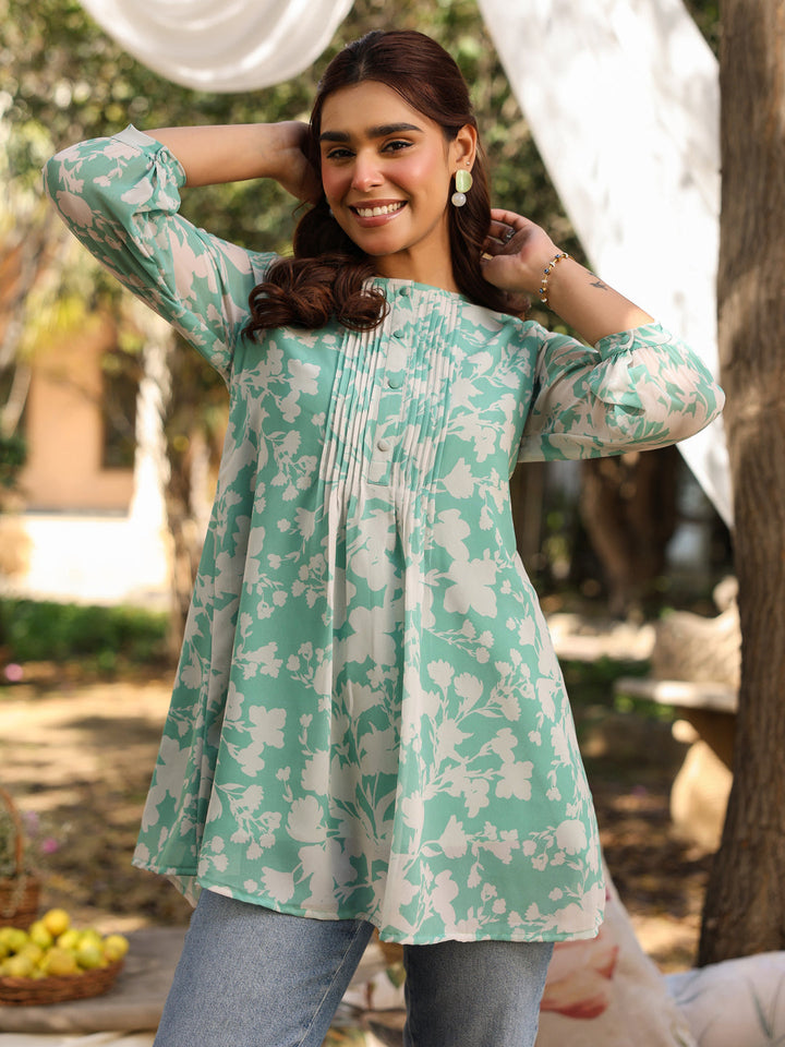 Green Georgette Floral Printed A-Line Tunic - qivii