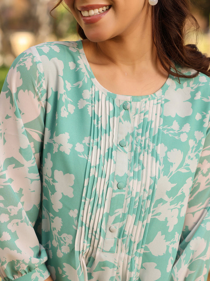 Green Georgette Floral Printed A-Line Tunic - qivii