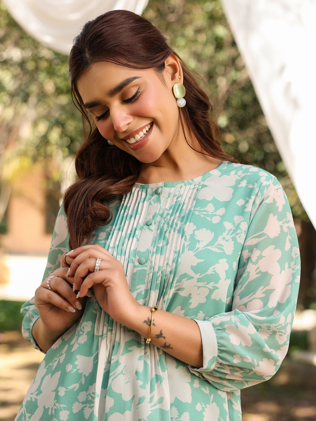 Green Georgette Floral Printed A-Line Tunic - qivii