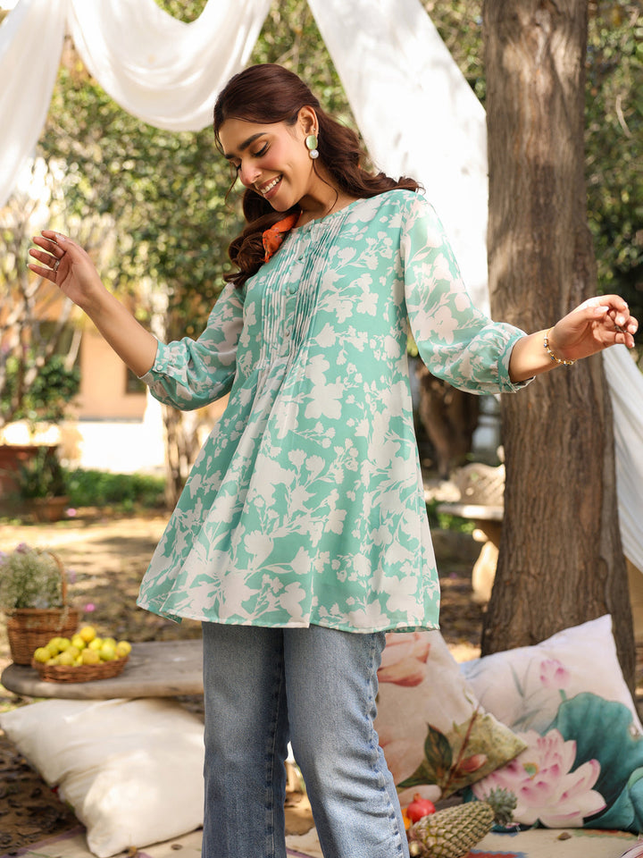 Green Georgette Floral Printed A-Line Tunic - qivii