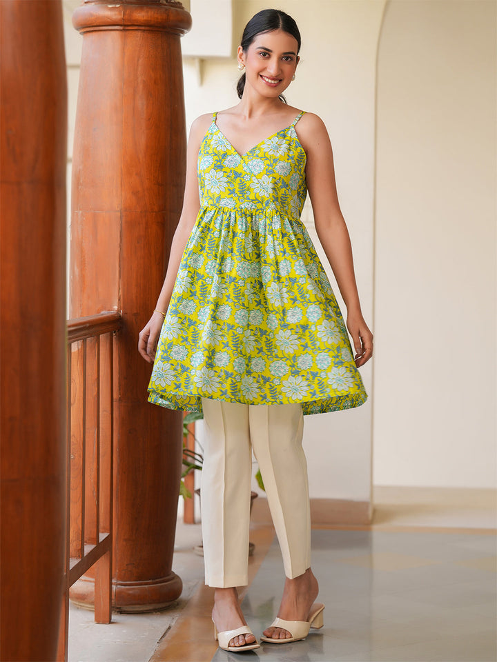 Lime Pure Cotton Floral Printed A-Line Tunic - qivii