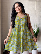 Lime Pure Cotton Floral Printed A-Line Tunic